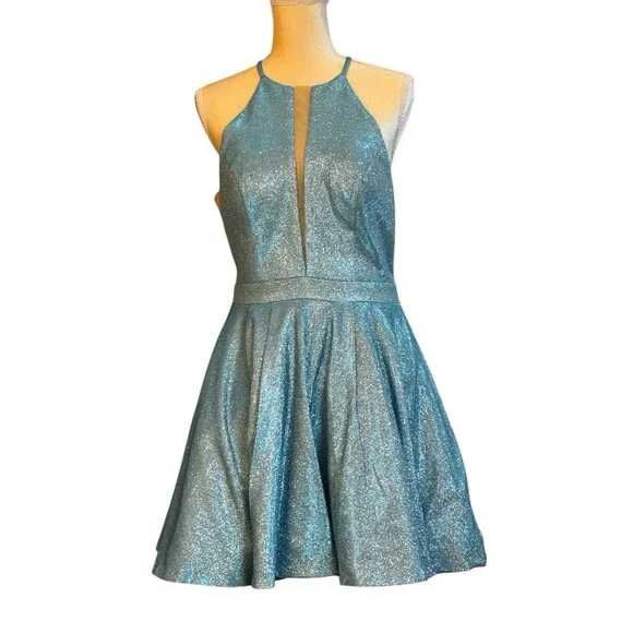 Sherri Hill Cocktail Dress Sz. 10 Blue Short Halter Glitter Shimmer Prom Formal - Picture 2 of 16